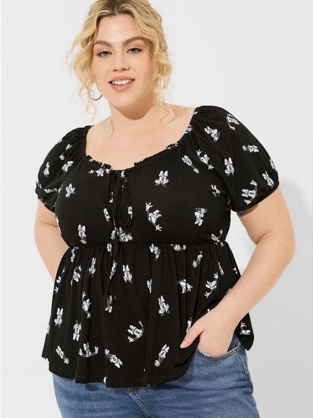 Torrid Disney Minnie Mouse Puff Sleeve Babydoll Top Black White Size 00 M/L